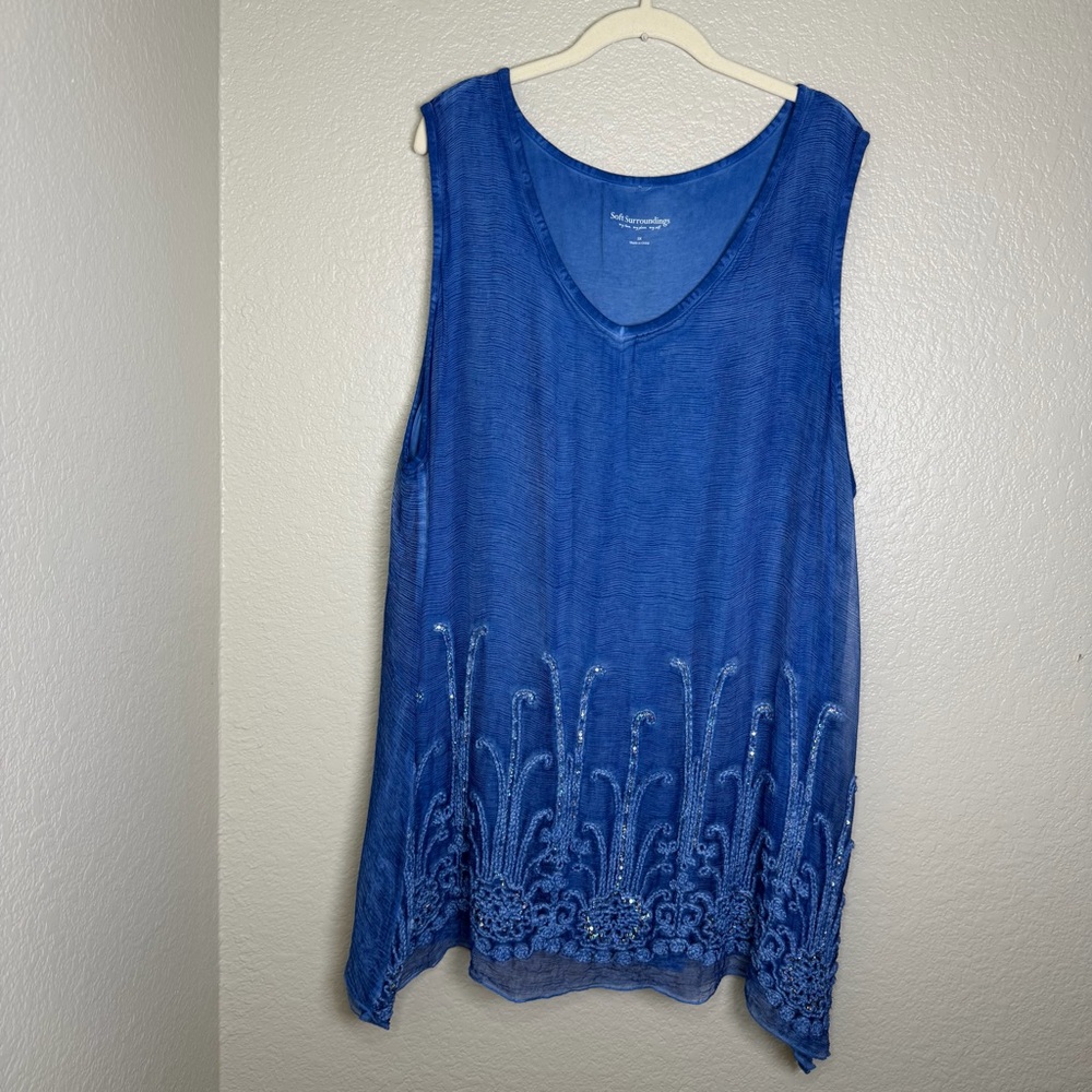 Soft Surroundings Women’s Blue Silk Embroidered Shoreline Tunic Blouse Top 3X